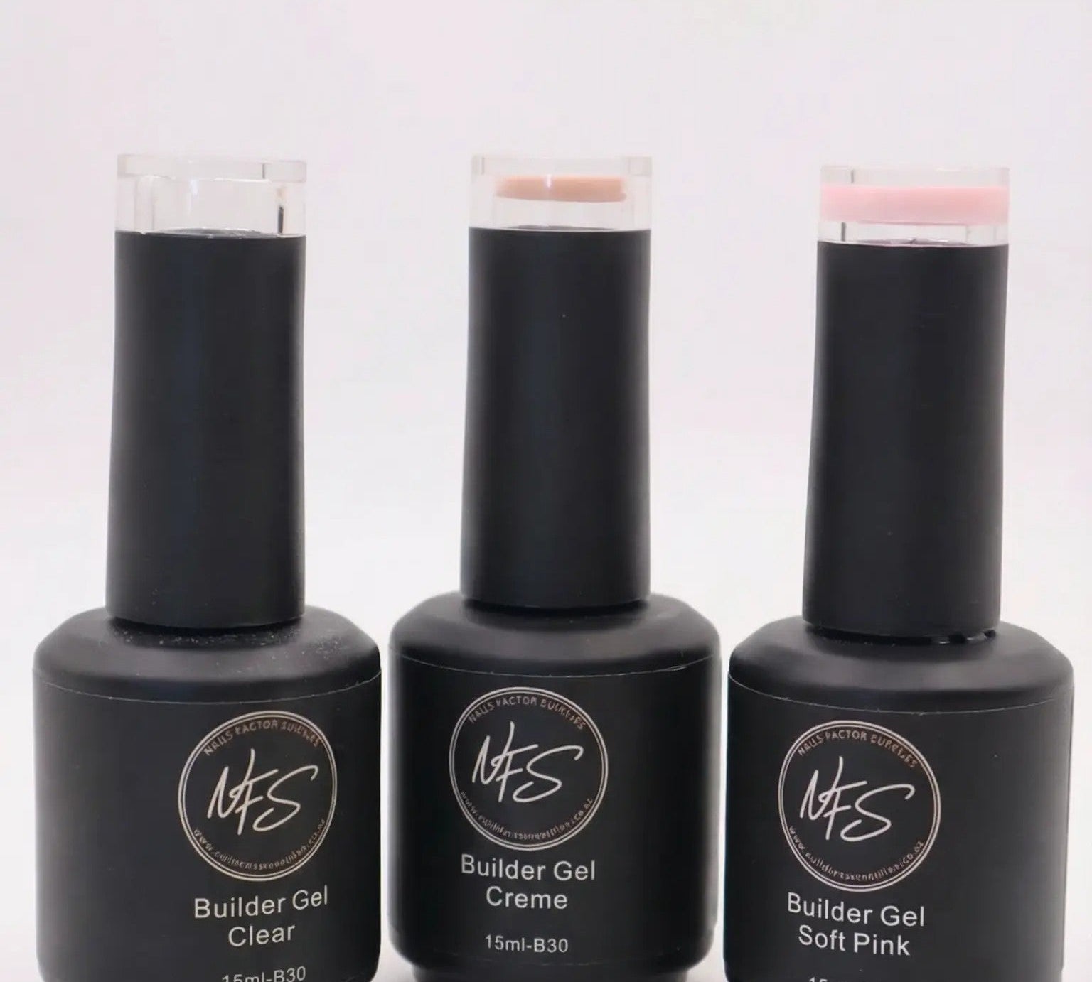 Professional builder gel NZ by Nails Factor Supplies - three bottles on white background