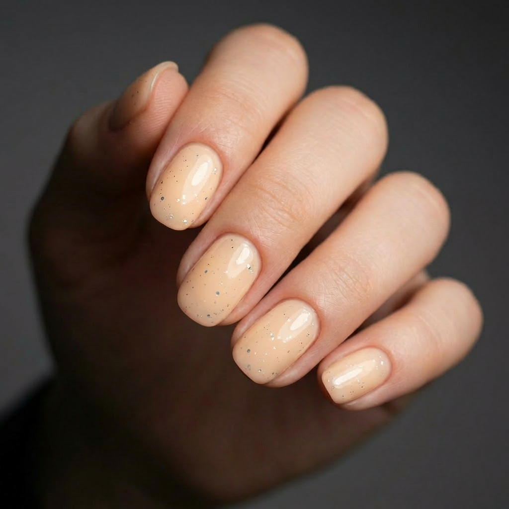 Apricot Candy Glow rubber base gel NZ applied on short rounded off square - soft apricot pastel shade with a hint of shimmer by Nails Factor Supplies