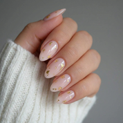 Blush & Gold builder gel NZ applied on almond nails - blush pink gold shimmer by Nails Factor Supplies