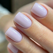 Lilac Latte rubber base gel NZ applied on short sqaure - soft creamy lilac tone by Nails Factor Supplies