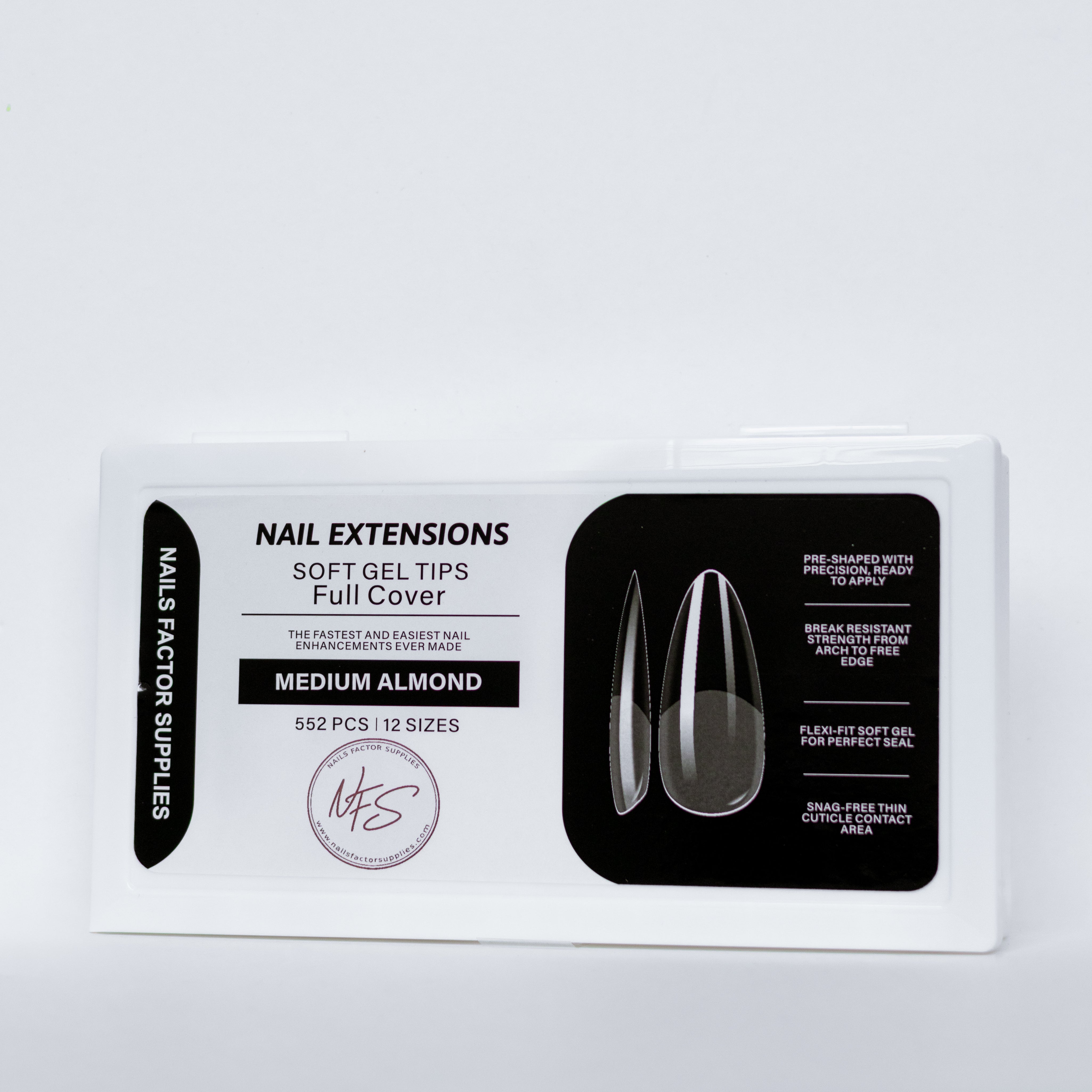 Box of nail extensions with medium almond design on a white background