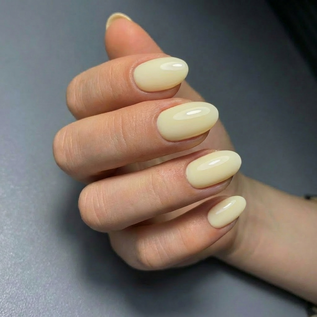 Sunny Sorbet rubber base gel NZ applied on short almond nails - soft sheer pastel yellow by Nails Factor Supplies