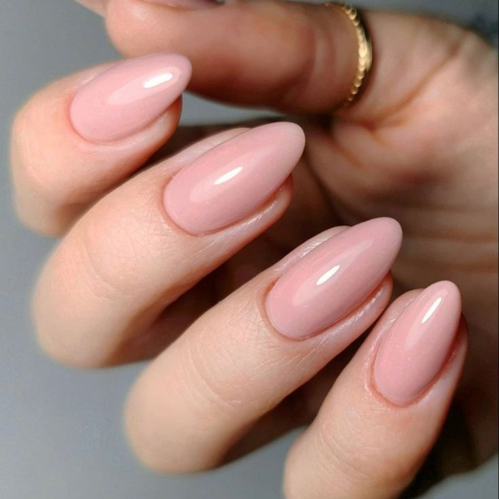French 05 rubber base gel NZ applied on almond nails - soft pink by Nails Factor Supplies