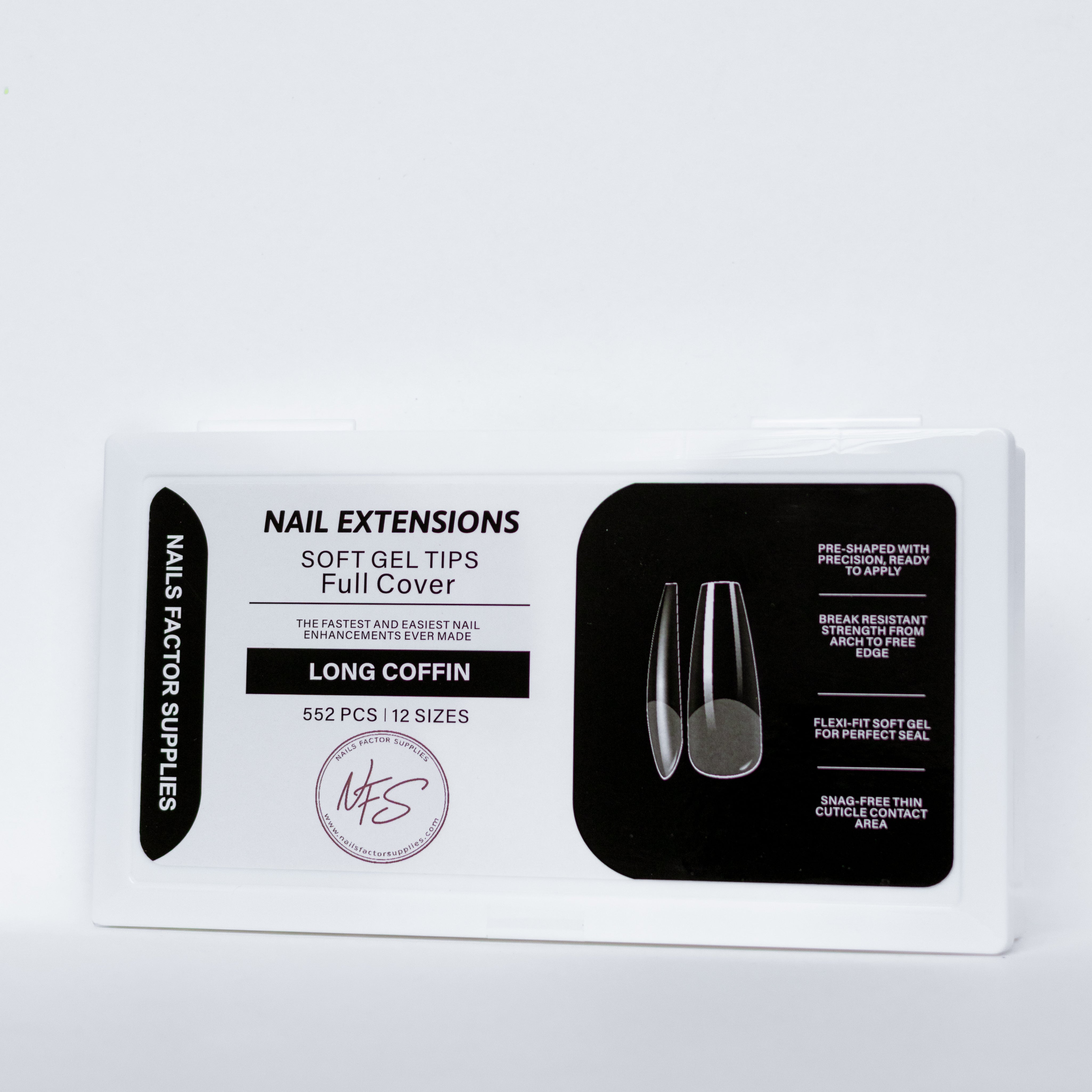 Box of nail extensions with clear gel tips on a white background
